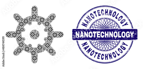 Fractal mosaic nanotechnology and Nanotechnology round scratched stamp seal. Blue stamp seal includes Nanotechnology tag inside circle and guilloche ornament.