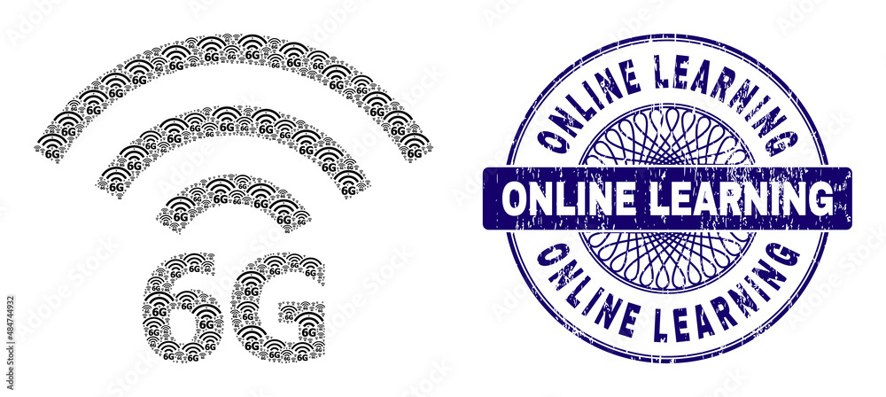 Obraz premium Recursive mosaic 6G radio source and Online Learning round rubber stamp. Blue stamp seal includes Online Learning title inside circle and guilloche decoration.