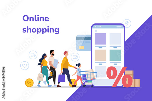 Online shopping vector illustration, flat design people with shopping carts and bags shopping on smartphone application © Kateina