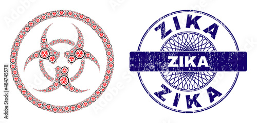 Fractal mosaic biohazard and Zika round unclean stamp seal. Violet seal includes Zika caption inside circle and guilloche ornament.