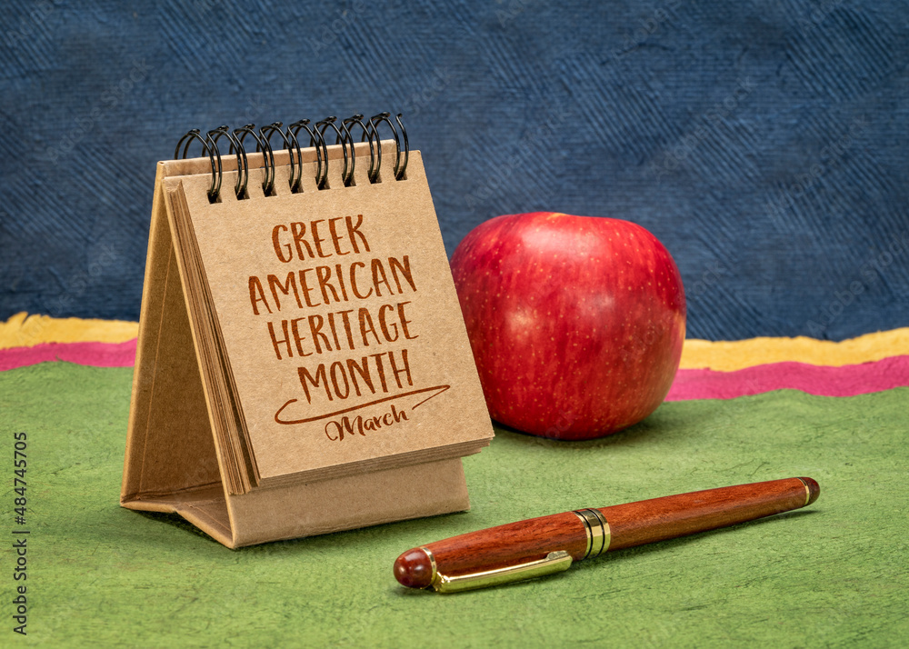 Greek American Heritage Month, March handwriting in a small desktop