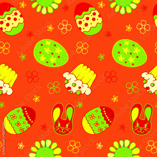 seamless pattern of hand-drawn elements on the theme of Easter, eggs and cake