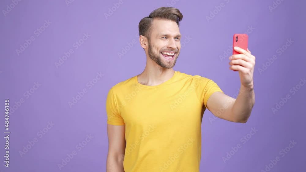 Guy blogger use device video call friend greet isolated shine color background Guy blogger use device video call friend greet isolated shine color background
