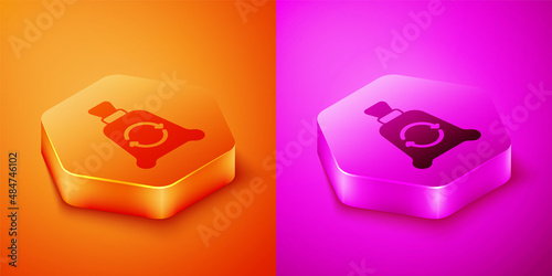 Isometric Garbage bag with recycle symbol icon isolated on orange and pink background. Trash can icon. Recycle basket sign. Hexagon button. Vector