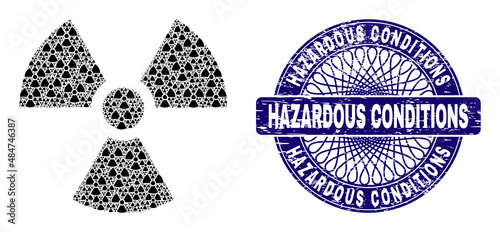 Recursive combination radioactivity and Hazardous Conditions round corroded seal. Blue seal includes Hazardous Conditions tag inside circle and guilloche technique.