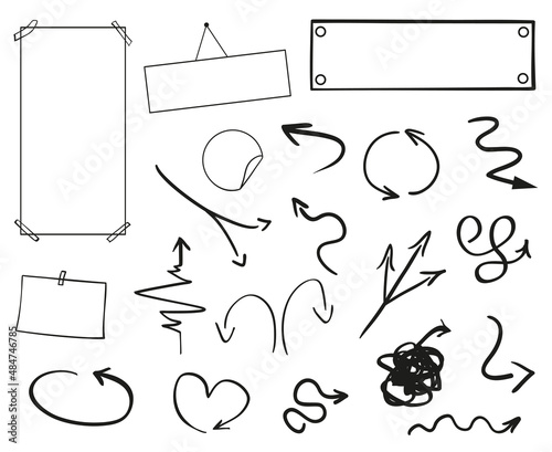 Infographic tables on isolated background. Collection of desks on white. Arrows for design. Hand drawn simple signs