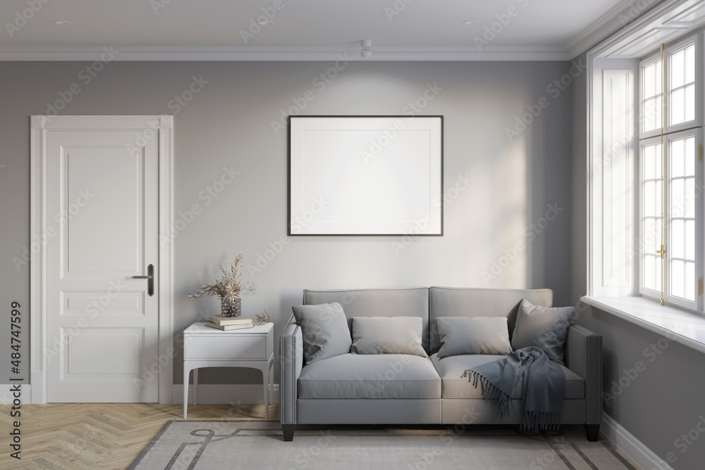 Bright room in gray tones with a blank illuminated horizontal poster above a sofa near the window, a vase of flowers on a white bedside table near the door, a carpet on the parquet floor. 3d render Bright room in gray tones with a blank illuminated horizontal poster above a sofa near the window, a vase of flowers on a white bedside table near the door, a carpet on the parquet floor. 3d render