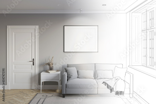 A sketch becomes a real gray room with a blank horizontal poster above a gray sofa near the window  a vase of flowers on a white bedside table near the door  a carpet on the parquet floor. 3d render