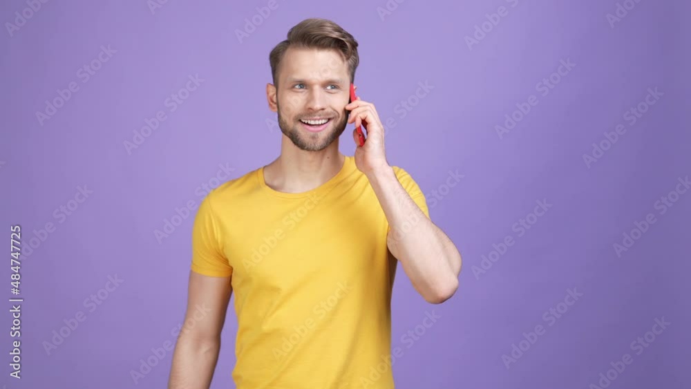 Guy tell say device friend isolated vivid color background Guy tell say device friend isolated vivid color background