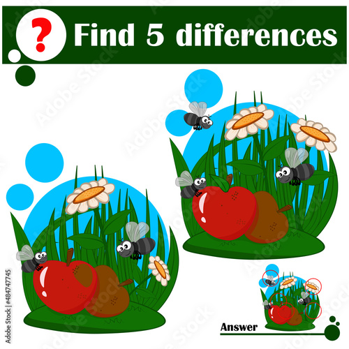 Educational game: Find differences. Cute flies hover over spoiled apples
