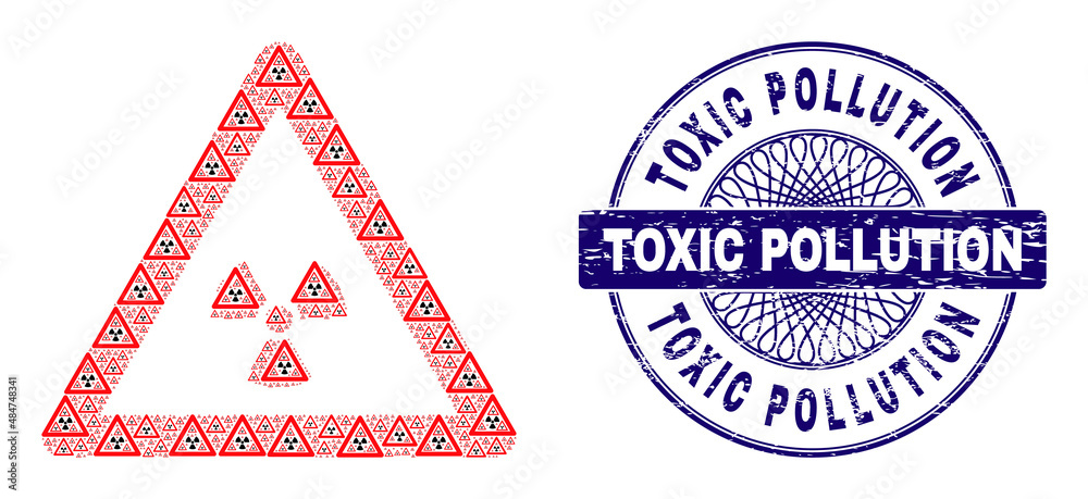 Obraz premium Recursion mosaic radioactivity warning and Toxic Pollution round dirty stamp print. Violet stamp includes Toxic Pollution caption inside circle and guilloche structure.