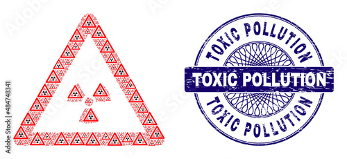 Recursion mosaic radioactivity warning and Toxic Pollution round dirty stamp print. Violet stamp includes Toxic Pollution caption inside circle and guilloche structure.
