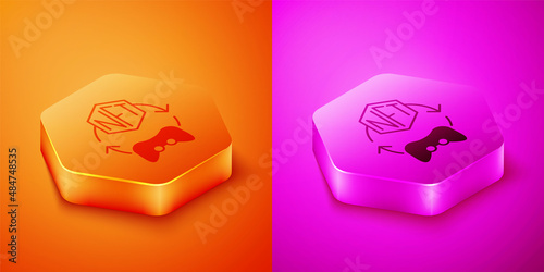 Isometric NFT Digital crypto art icon isolated on orange and pink background. Non fungible token. Hexagon button. Vector