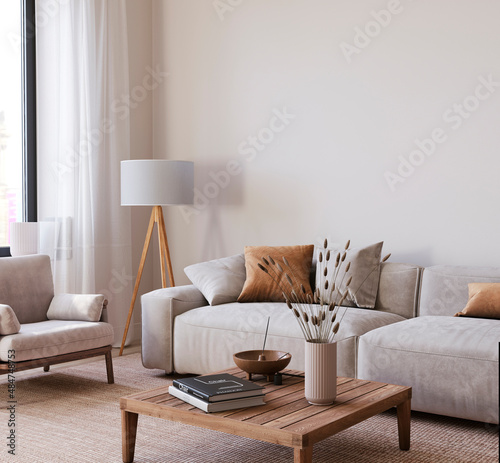 japandi style living room interior with a beige wall photo