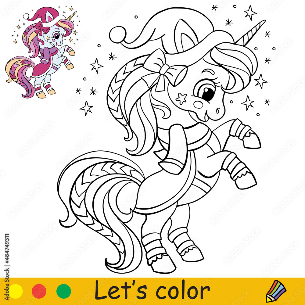 Fototapeta premium Coloring with template standing christmas unicorn vector illustration