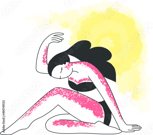Sunburned woman side view cartoon character. Sun tanning damage danger concept. Skin redness flat vector illustration. Tan on the girl. Woman under the sun. Red body from sunburn.