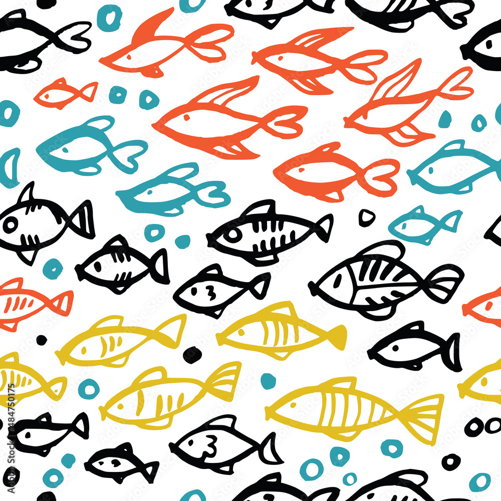 Simple bright background with fish. The pattern is drawn with colored ink. Simple bright background with fish. The pattern is drawn with colored ink.