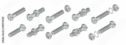 Isometric vector illustration steel bolt and hex nut isolated on white background. Realistic stainless steel bolt and nut icon. Set of isometric screw-nuts and bolts. © NiRain