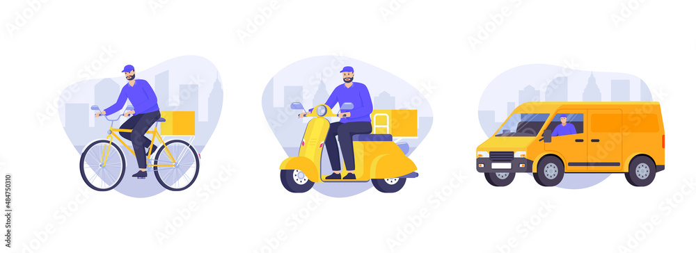 Fototapeta premium Bicycle, truck and scooter driver flat vector illustration. Delivery transport set isolated on white. Courier delivers parcel in the city. Collection of icons for website, banner, landing page