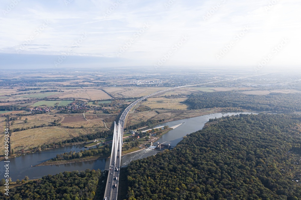 Aerial view on Rędziński Bridge, a cable-stayed bridge spanning the Oder river