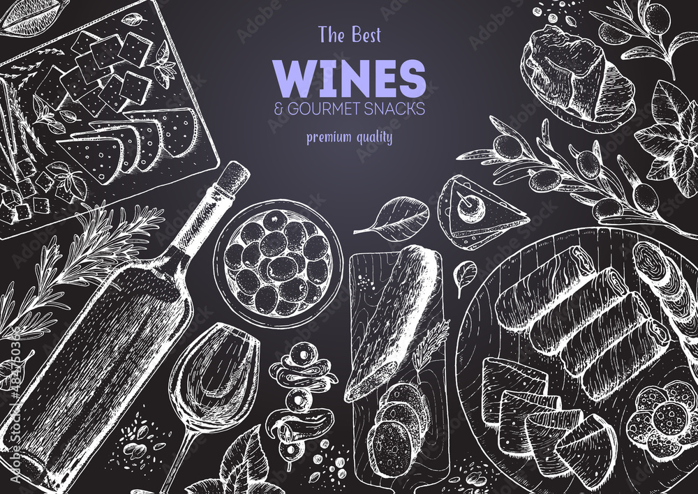 Wines and gourmet snacks frame vector illustration. Snacks for wine hand drawn. Gourmet food set.