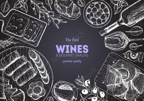 Wines and gourmet snacks frame vector illustration. Snacks for wine hand drawn. Gourmet food set.