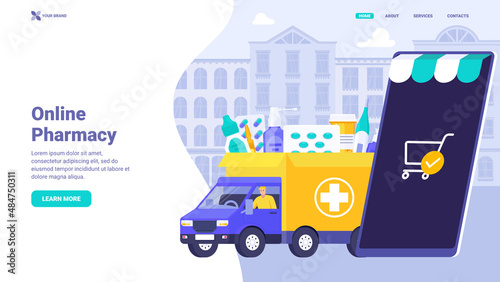 Online pharmacy site design concept. Flat modern vector illustration for web site design, banner, landing page. Buy pills and drugs online using mobile application with delivery.E-commerse site design