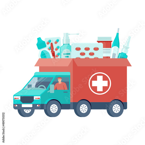 Order drugs delivery. Flat modern vector illustration for web site design, banner, landing page. Pills and medicaments delivery. E-commerce illustration concept.
