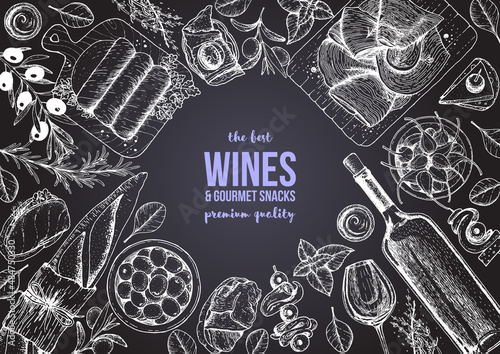 Wines and gourmet snacks frame vector illustration. Snacks for wine hand drawn. Gourmet food set.