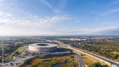 Aerial wide panoramic autumn view over Fabryczna district and city stadium in Wroclaw, Poland. 