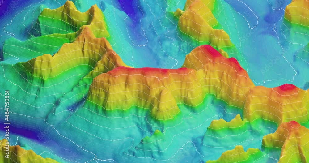 3D Topographic height map, 360 rotation of geology survey. Topographic cartography, contour map, 3D relief. abstract geographic resource map with mountains. 4K loop