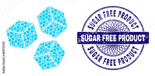 Recursion collage sugar cubes and Sugar Free Product round rubber stamp print. Violet stamp seal includes Sugar Free Product text inside circle and guilloche pattern.