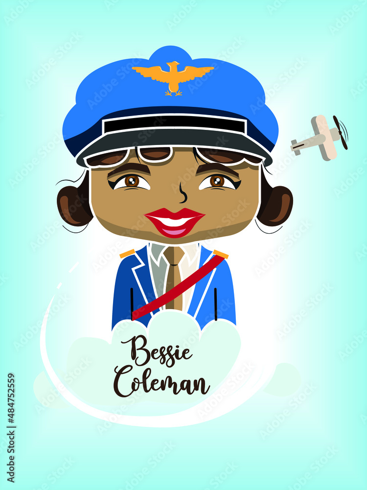 Cartoon style portrait of bessie coleman with a big funny head, with her  name on a cloud and an old airplane behind and the sky on background Stock  Vector | Adobe Stock