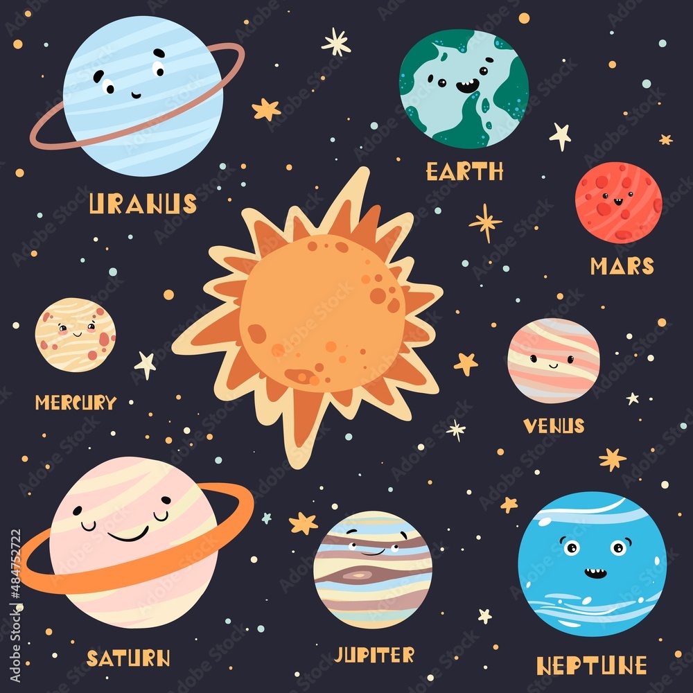  Cute cartoon Solar System objects. Funny universe for kids, sun, pluto, mars, mercury. Planet earth, venus, jupiter, saturn, uranus, neptune. Hand drawn design print, poster, vector illustration. 
