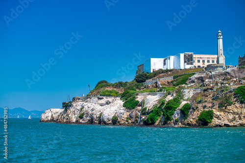 Alcatraz Island and Prison, view from the ocean on a clear sunny day, San Francisco