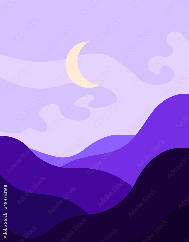 Vector landscape of purple and blue mountains against a light sky. Moon. Evening. Vector landscape of purple and blue mountains against a light sky. Moon. Evening.