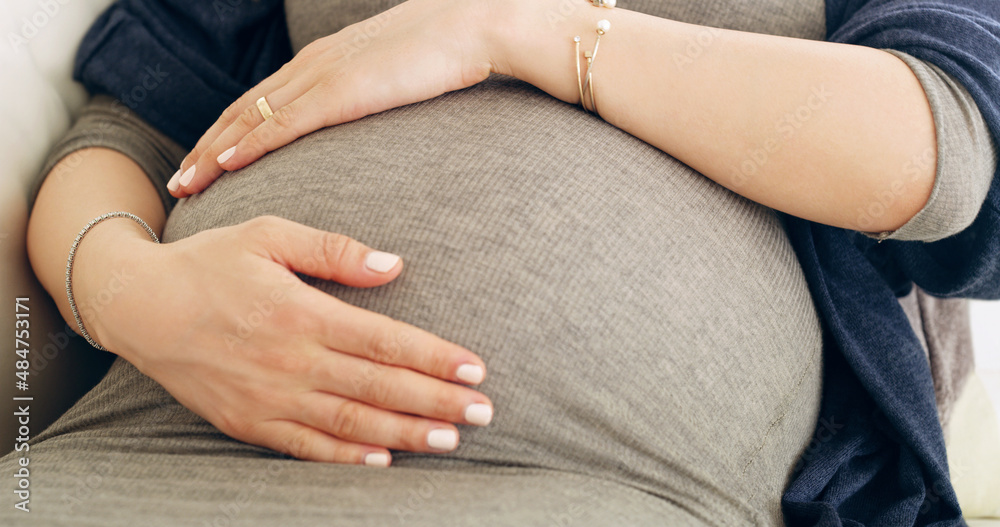 The bond of creation. Shot of an unrecognizable pregnant woman holding her belly at home. The bond of creation. Shot of an unrecognizable pregnant woman holding her belly at home.