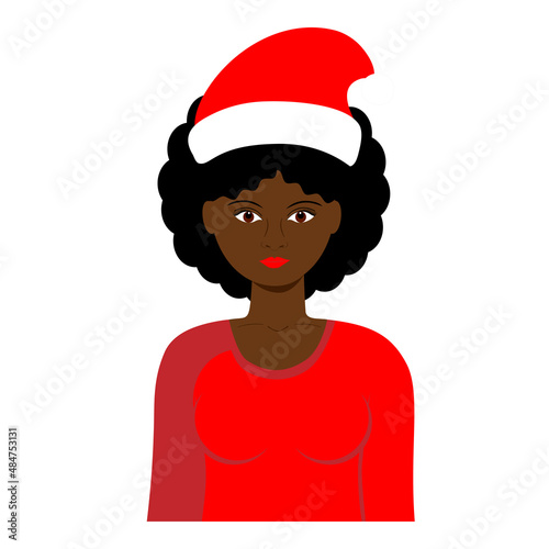 Black girl, African American woman with Christmas Santa hat. Vector illustration