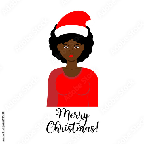 Black girl, African American woman with Christmas Santa hat. Vector illustration
