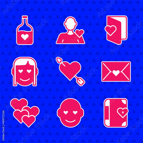 Set Amour with heart and arrow, Romantic man, Love diary, Envelope Valentine, Heart, girl, Valentines day flyer and Bottle love potion icon. Vector