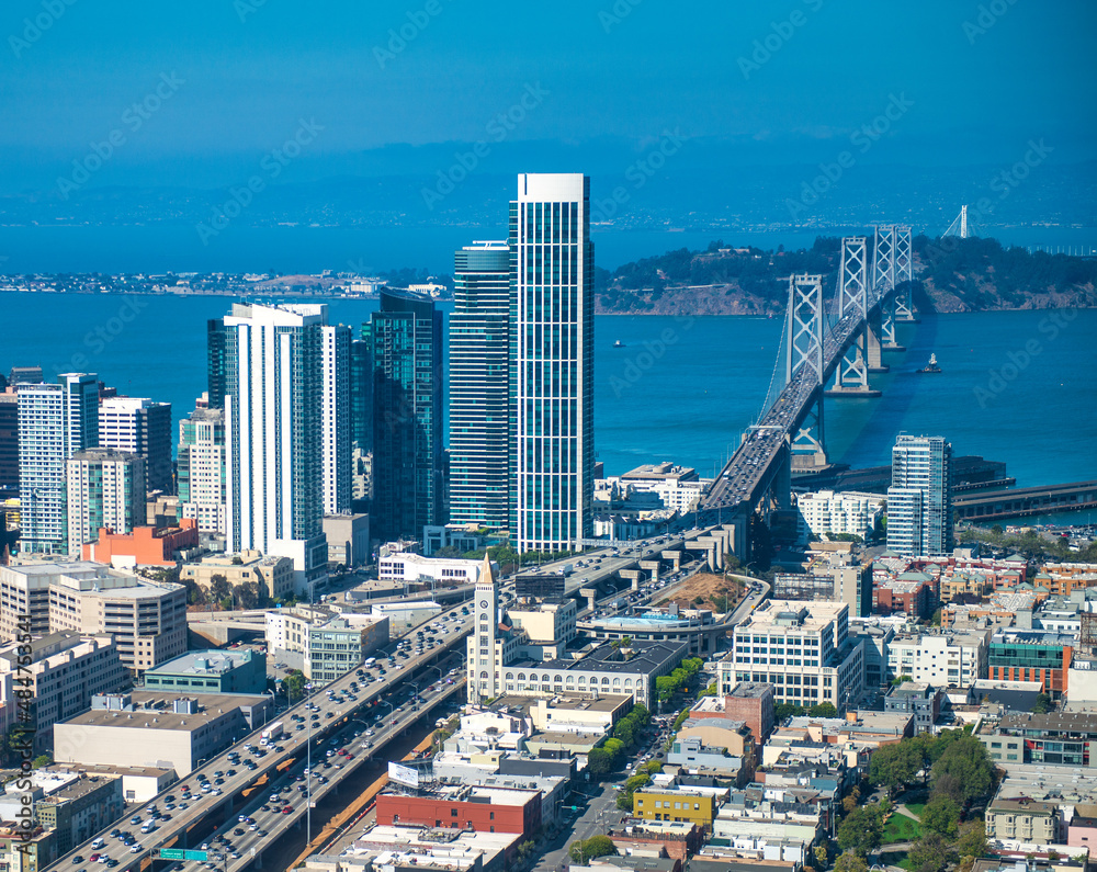 Aerial view of Downtown San Francisco and Bay Bridge from helicopter, California - USA