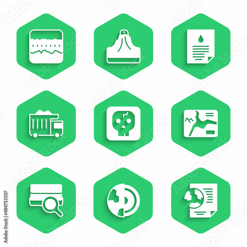 Set Archeology, Earth core structure crust, globe with document, Topographic map, Soil analysis, Mining dump truck, Oil drop and ground layers icon. Vector