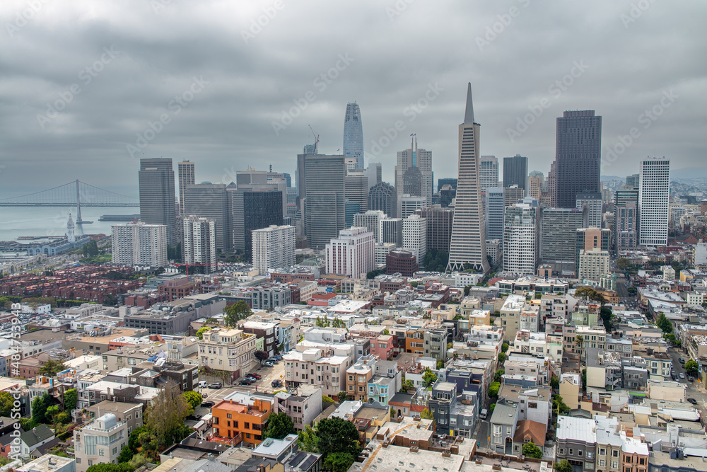 San Francisco, California - August 7, 2017: City skyline aerial view on a cloudy day.