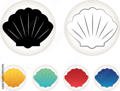 Sea shell colored vector set icon isolated on the round backgrounds