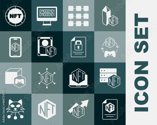 Set NFT contract, blockchain technology, Digital crypto art, Mobile with store app, and Document and icon. Vector