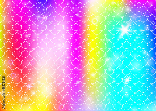 Princess mermaid background with kawaii rainbow scales pattern.