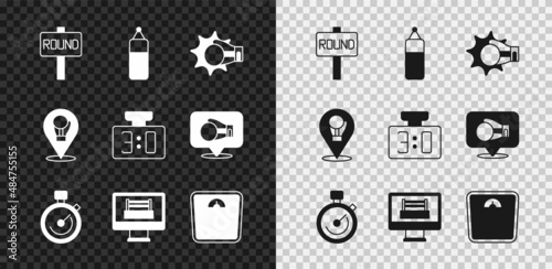 Set Boxing ring board, Punching bag, boxing glove, Stopwatch, Bathroom scales, and Sport mechanical scoreboard icon. Vector