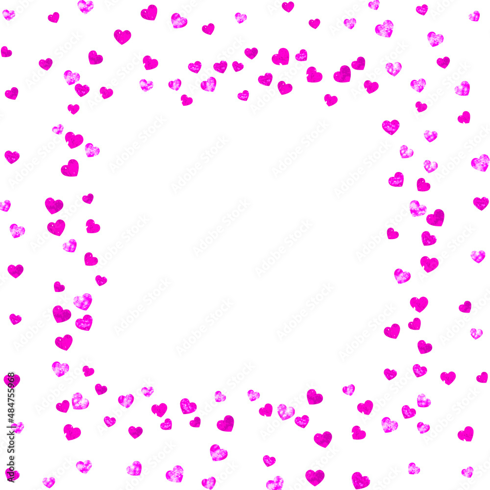 Valentine background with pink glitter hearts. February 14th day. Vector confetti for valentine background template. Grunge hand drawn texture. Love theme for party invite, retail offer and ad.