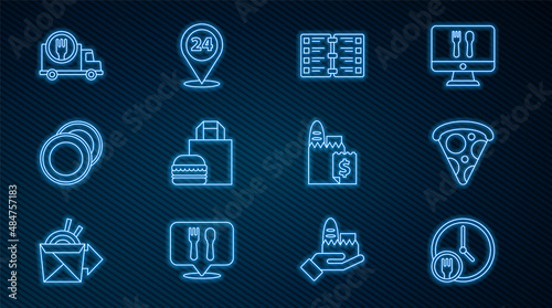 Set line Round the clock delivery, Slice of pizza, Restaurant cafe menu, Online ordering burger, Plate, Fast by car, and and icon. Vector