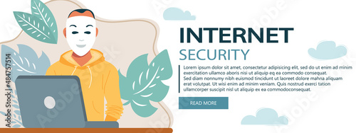Hacker behind laptop computer. Internet security. Flat vector illustration